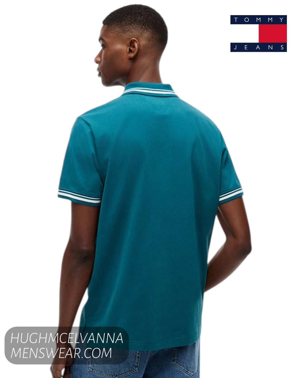 Rear view of male model wearing Tommy Jeans Polar Teal soft collar tipped polo shirt