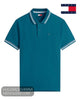 Flat lay product display of Tommy Jeans men's Polar Teal tipped polo shirt DM0DM22709L8J showing white collar tipping