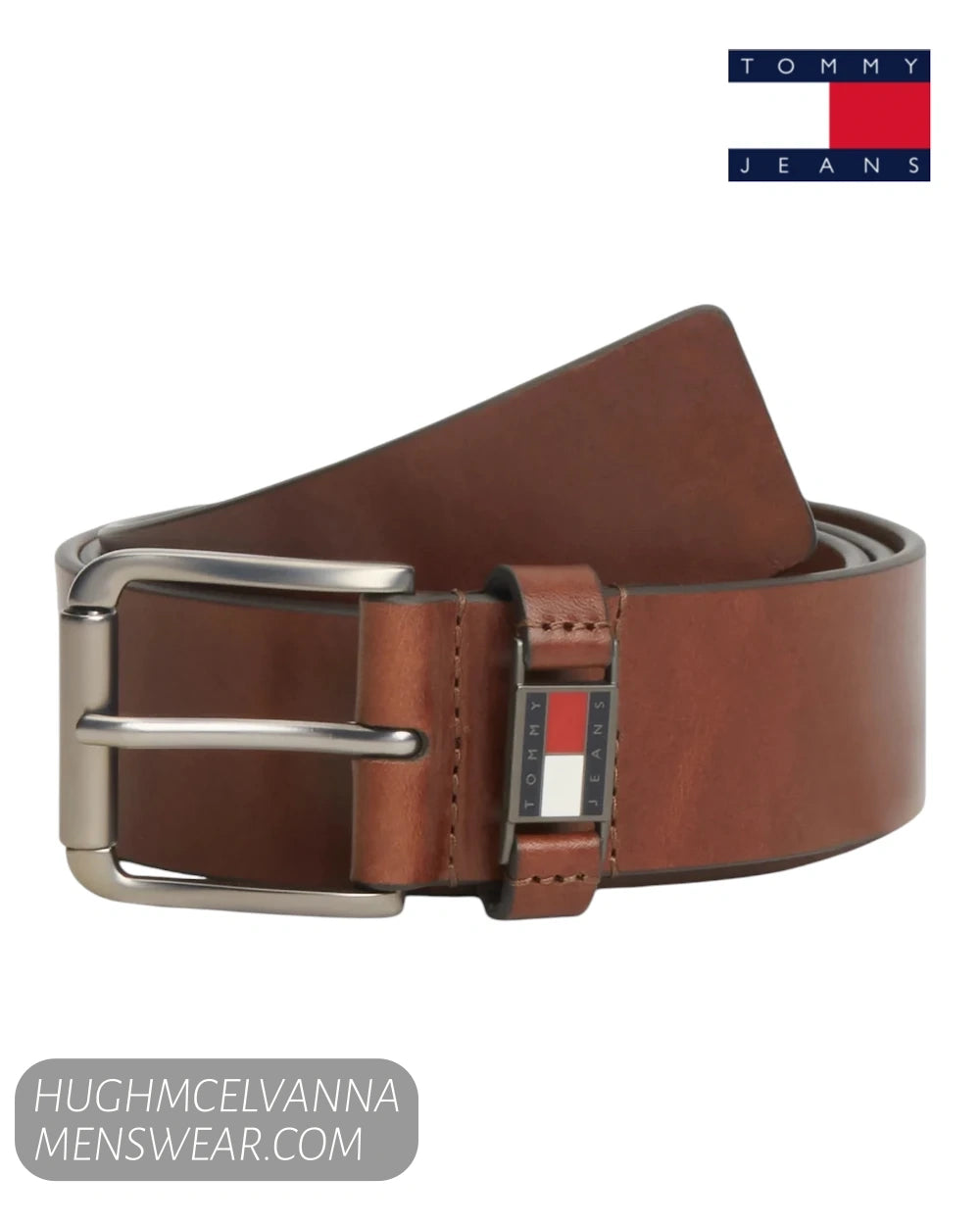 Coiled studio shot of Tommy Jeans Roller winter cognac brown leather belt