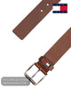 Flat lay view of Tommy Jeans Roller winter cognac brown leather belt with buckle and strap