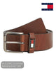 Coiled studio shot of Tommy Jeans Roller winter cognac brown leather belt