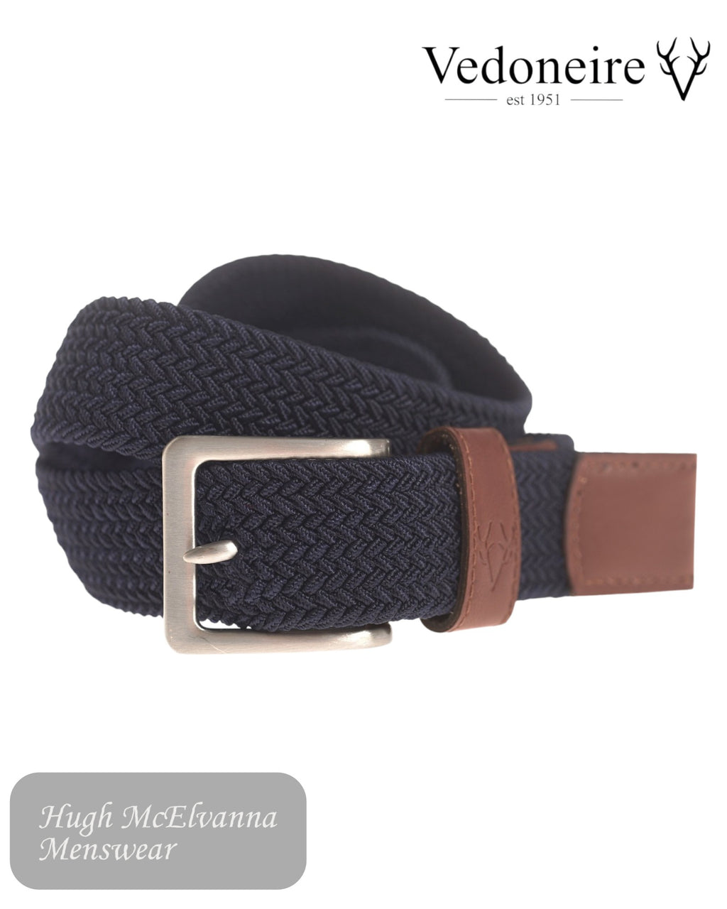 Studio view of rolled Vedoneire 9002 solid navy elastic stretch belt with brushed silver buckle and tan trim