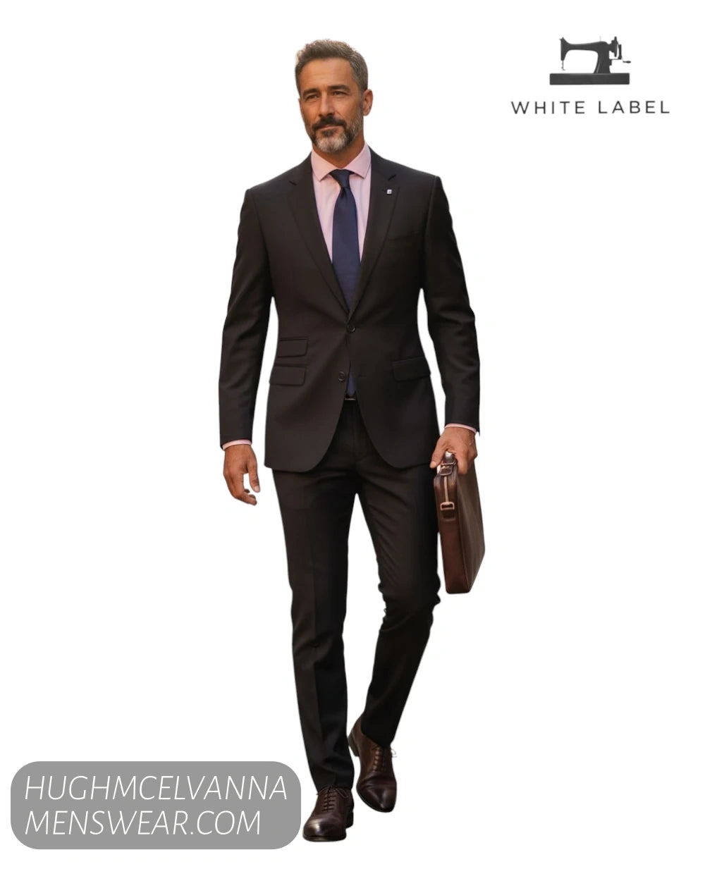 Full length model view wearing complete White Label Black 4089 two piece suit with briefcase and brown leather shoes