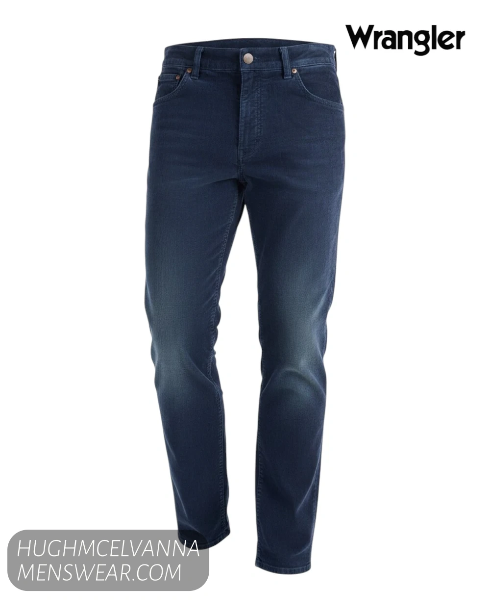 Front 3D ghost mannequin view of Wrangler Greensboro mood indigo blue straight leg corduroy jeans