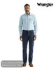 Full length model view wearing Wrangler Greensboro mood indigo cord jeans with light blue denim shirt and brown shoes