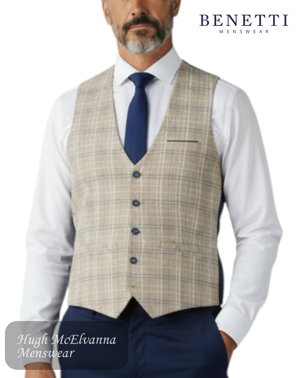 Benetti Charles Stone Navy Check Waistcoat - Hugh McElvanna Menswear