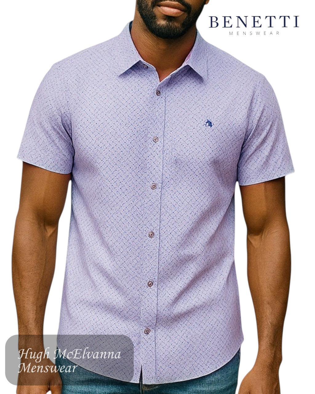 Benetti 'LEO' Violet Short Sleeve Shirt – Modern Fit | 100% Cotton Disc Print - Hugh McElvanna Menswear