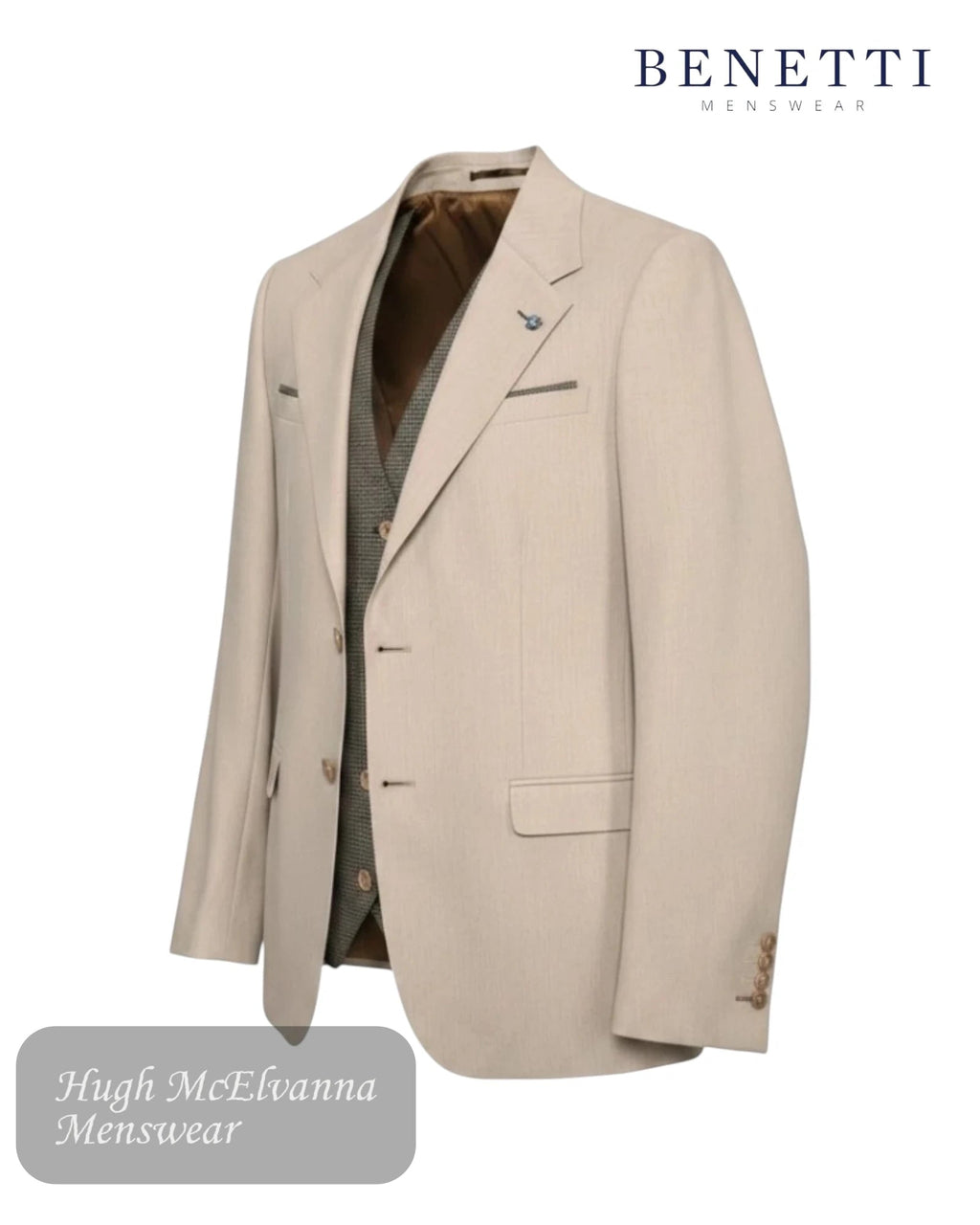Beige suit jacket with a brown waistcoat underneath on a white background, featuring the Benetti logo.