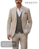 Man wearing a Benetti London beige suit with a vest, standing against a white background.