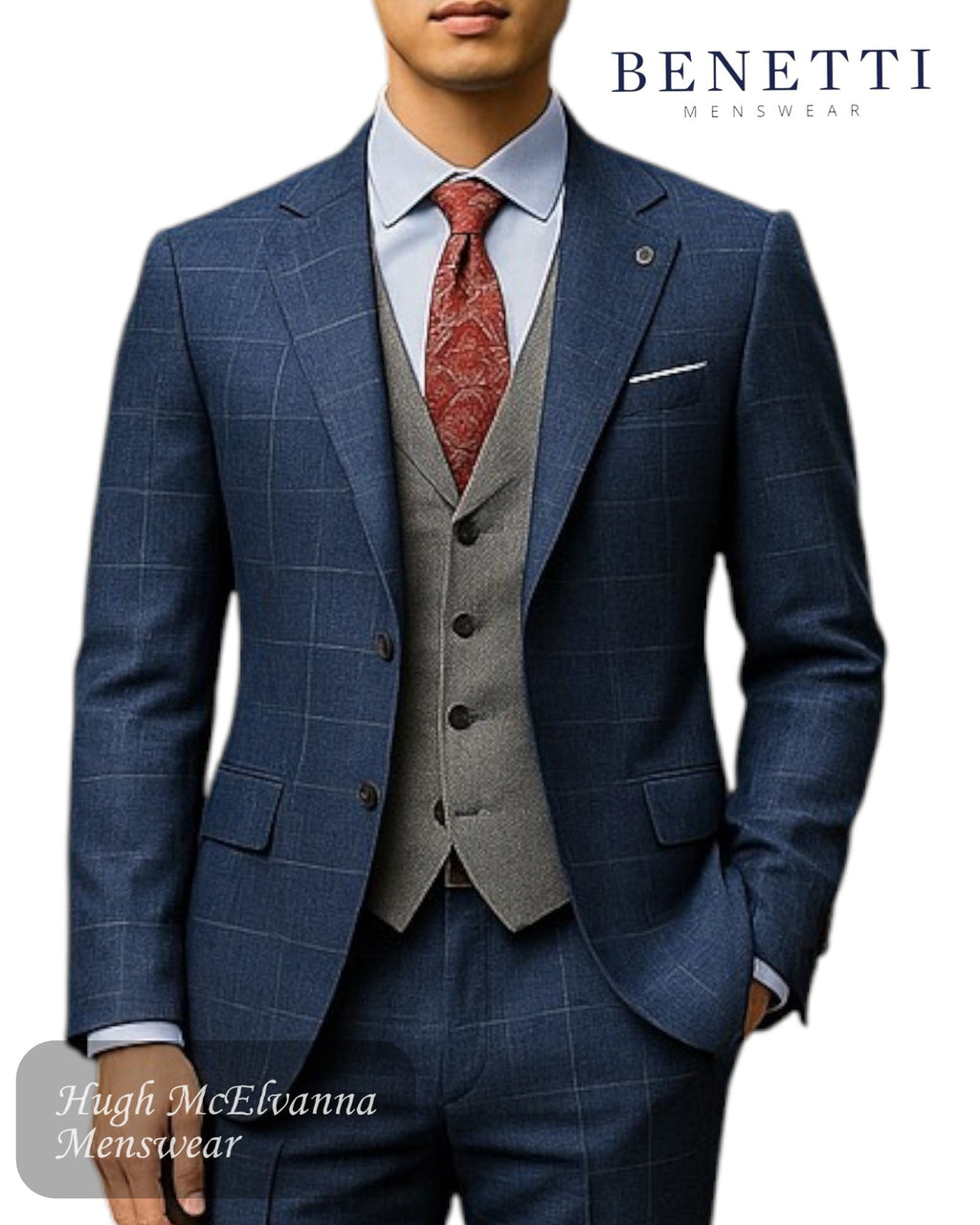 Benetti Oslo Tapered Fit Men’s Suit with Contrast Waistcoat - Hugh McElvanna Menswear
