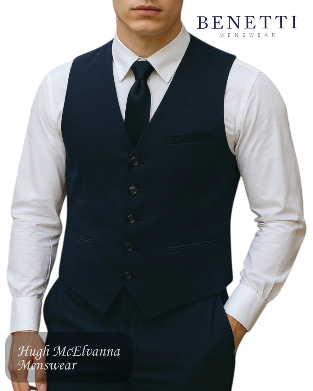 Benetti PETER Ink Comfort Fit Wool Waistcoat – Self - Design Formal Menswear for Weddings & Special Occasions - Hugh McElvanna Menswear