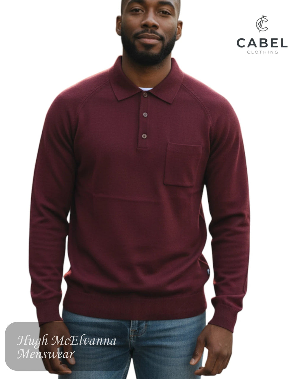 Cable 3 Button Long Sleeve Polo Pullover - Hugh McElvanna Menswear