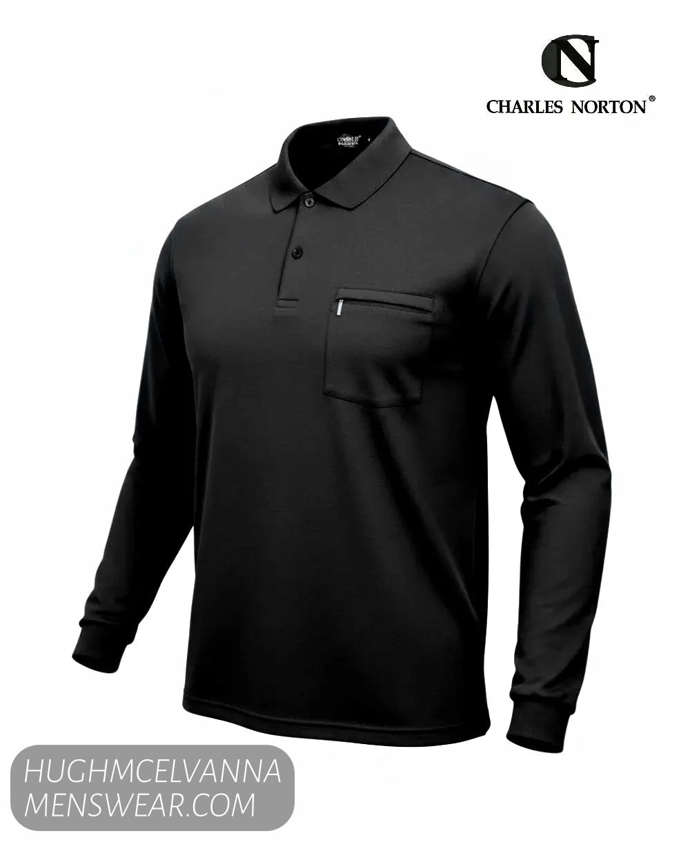 Charles Norton 10106 men's black 2-button polo sweatshirt with long sleeves and a zipped chest pocket.