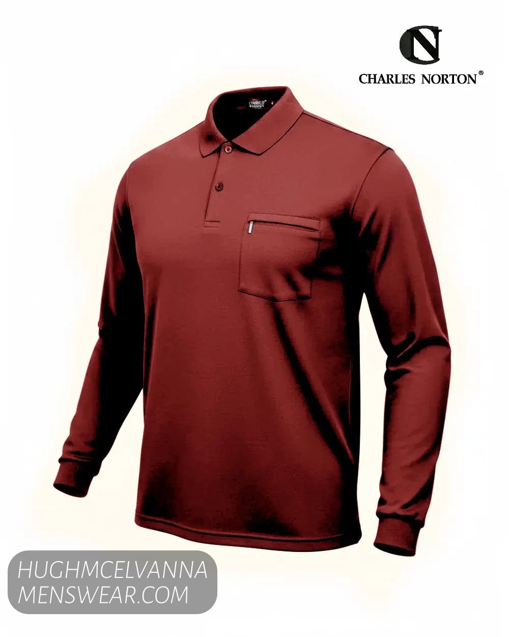 Charles Norton 10106 men's wine 2-button polo sweatshirt with long sleeves and a zipped chest pocket.