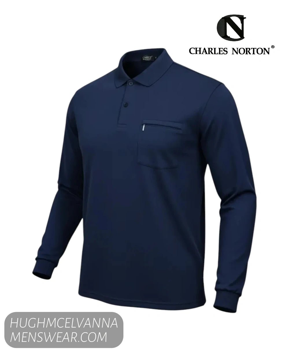 Charles Norton 10106 men's navy 2-button polo sweatshirt with long sleeves and a zipped chest pocket.
