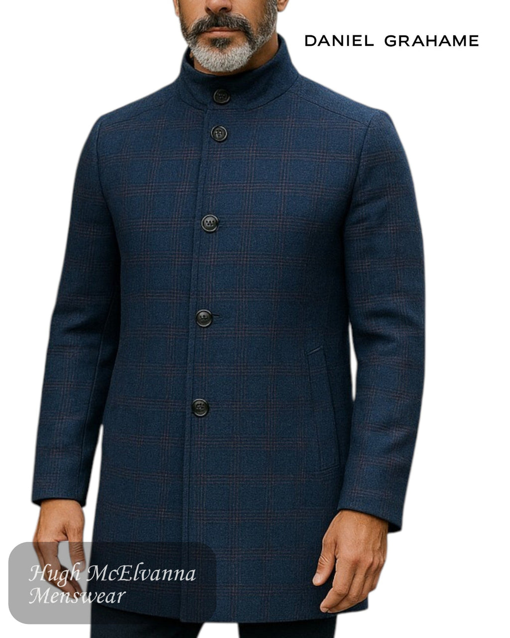 Daniel Grahame Navy Check Overcoat - Hugh McElvanna Menswear