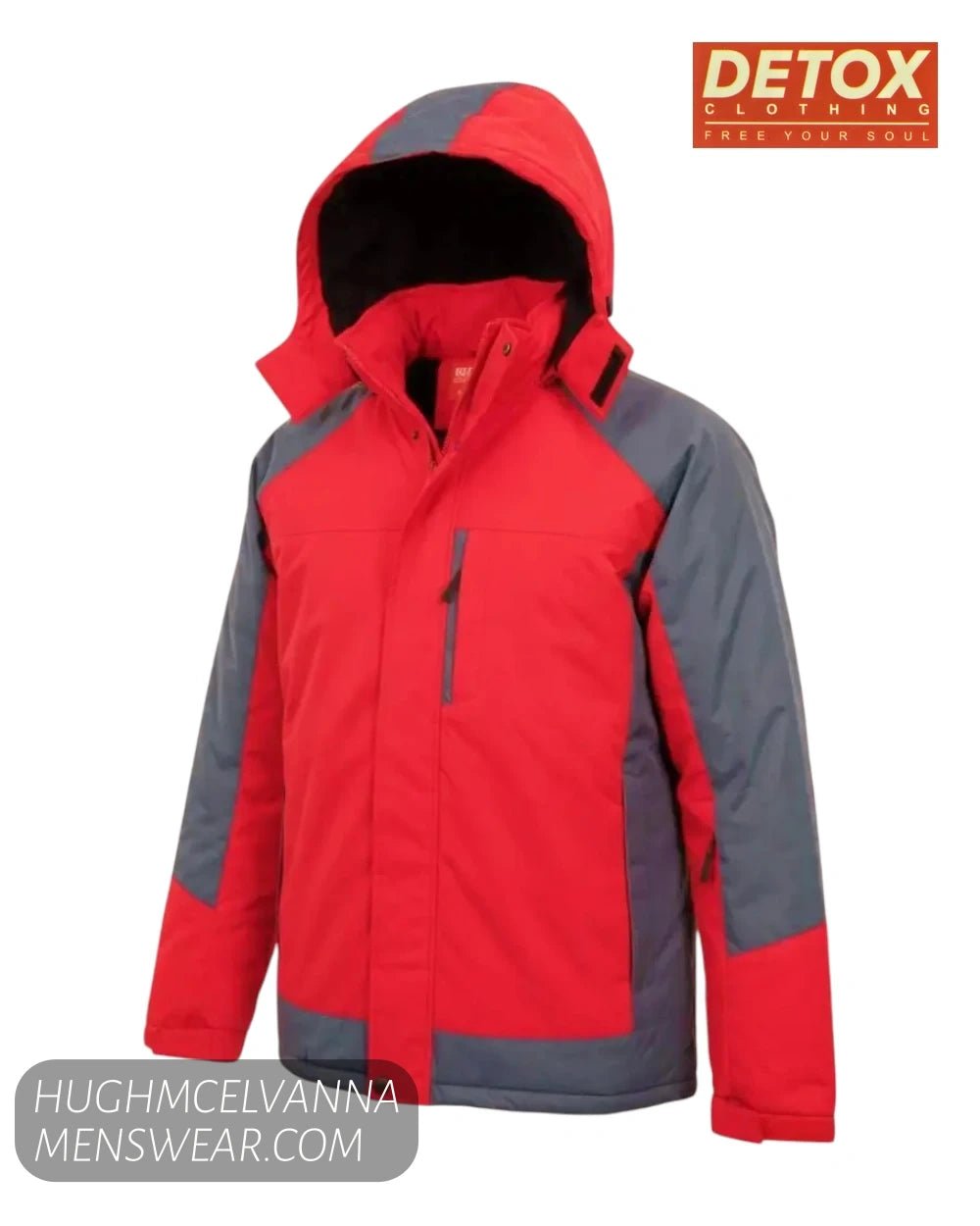 Ghost mannequin display of Detox red and grey ski jacket showing detachable storm hood and zip pockets