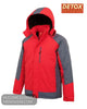 Ghost mannequin display of Detox red and grey ski jacket showing detachable storm hood and zip pockets