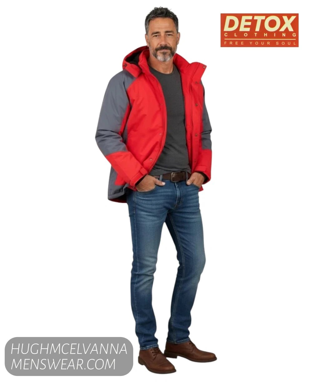 Full length studio shot of model wearing Detox technical red ski jacket with denim jeans and brown leather boots