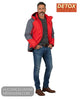 Full length studio shot of model wearing Detox technical red ski jacket with denim jeans and brown leather boots