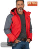Close up front view of model wearing Detox red and grey ski jacket showing funnel collar and storm flap