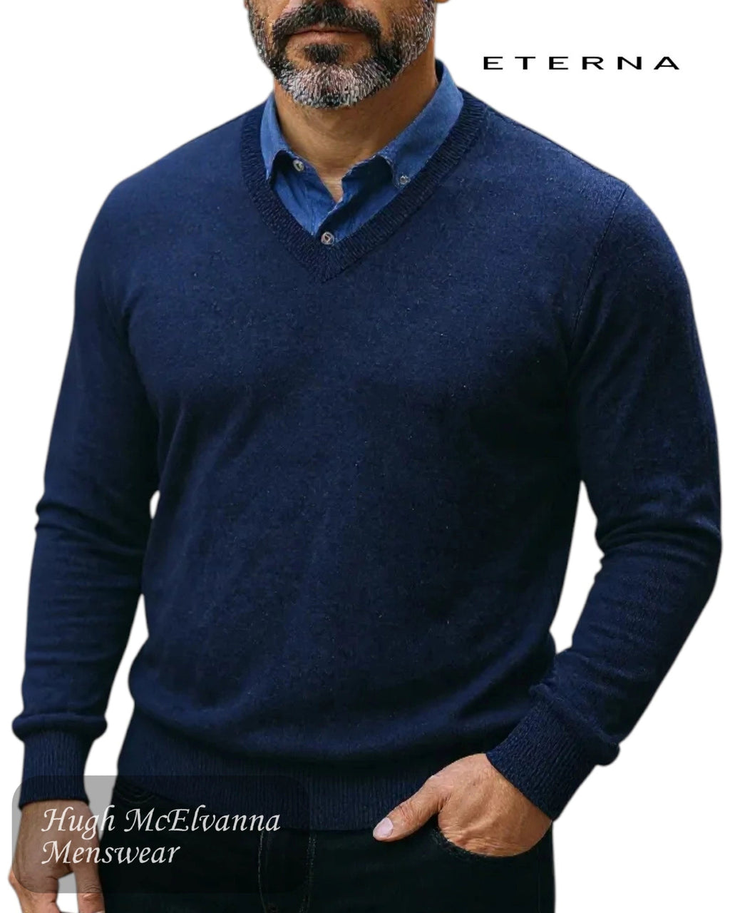 Eterna 367.HOBE.19 Navy V - Neck Extra Fine Merino Wool Pullover - Hugh McElvanna Menswear