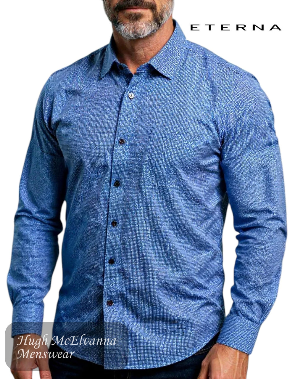 Eterna Blue Design Long Sleeve Shirt 1054/16 X19K - Hugh McElvanna Menswear