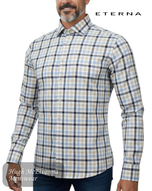 Eterna Comfort Fit Fawn Check Shirt - 1384 14 E19K - Hugh McElvanna Menswear