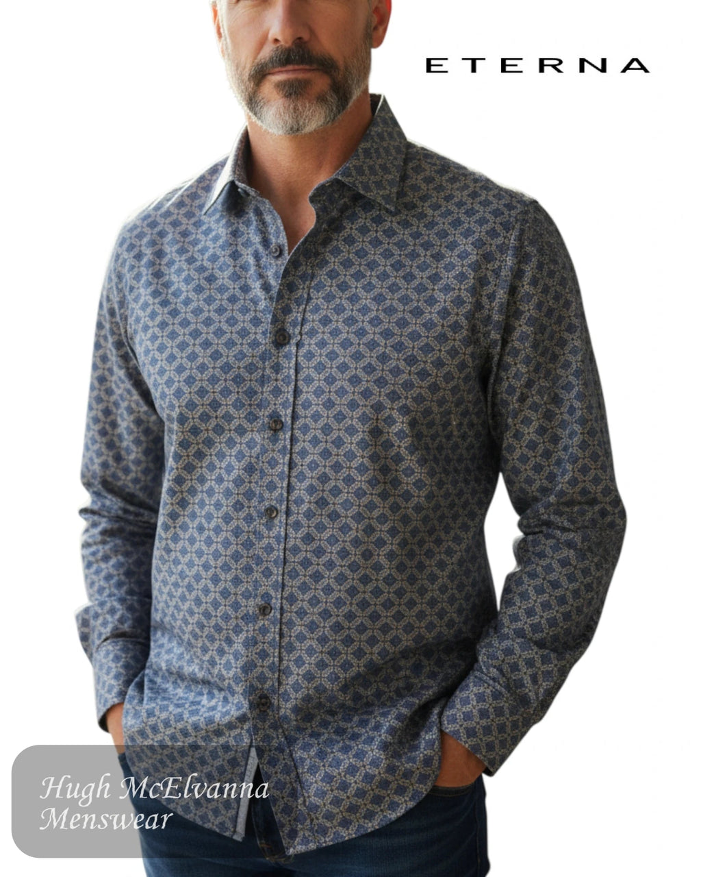 ETERNA Modern Fit Navy Print Shirt – 4396 - 17_X18K - Hugh McElvanna Menswear