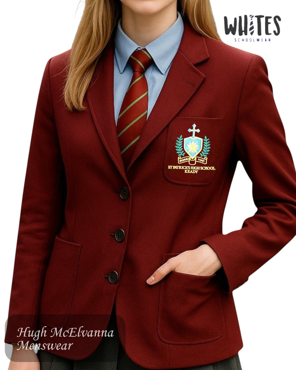 Girls St. Patrick's Keady White Label 3 Button Blazer – Classic School Uniform with Crest - Hugh McElvanna Menswear