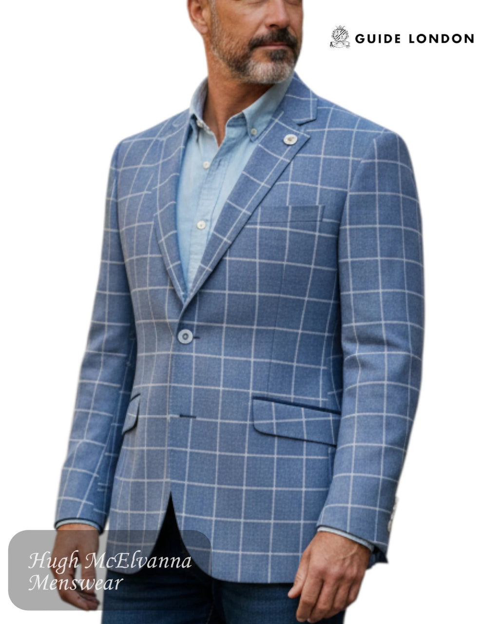 Guide London Slim Fitting Fashion Blazer | Sky Blue & White Check - Hugh McElvanna Menswear