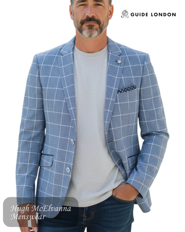 Guide London Slim Fitting Fashion Blazer | Sky Blue & White Check - Hugh McElvanna Menswear