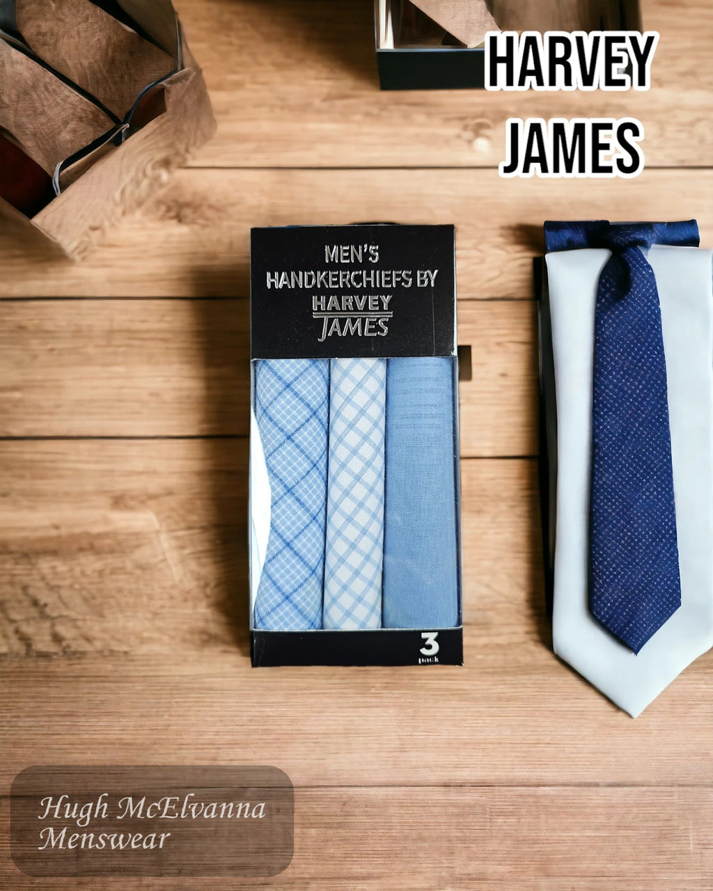 Harvey James 3Pk Blue Boxed Hankies - Hugh McElvanna Menswear