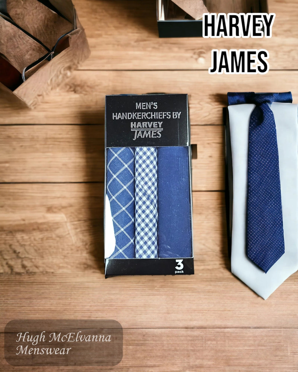 Harvey James 3Pk Navy Boxed Hankies - Hugh McElvanna Menswear
