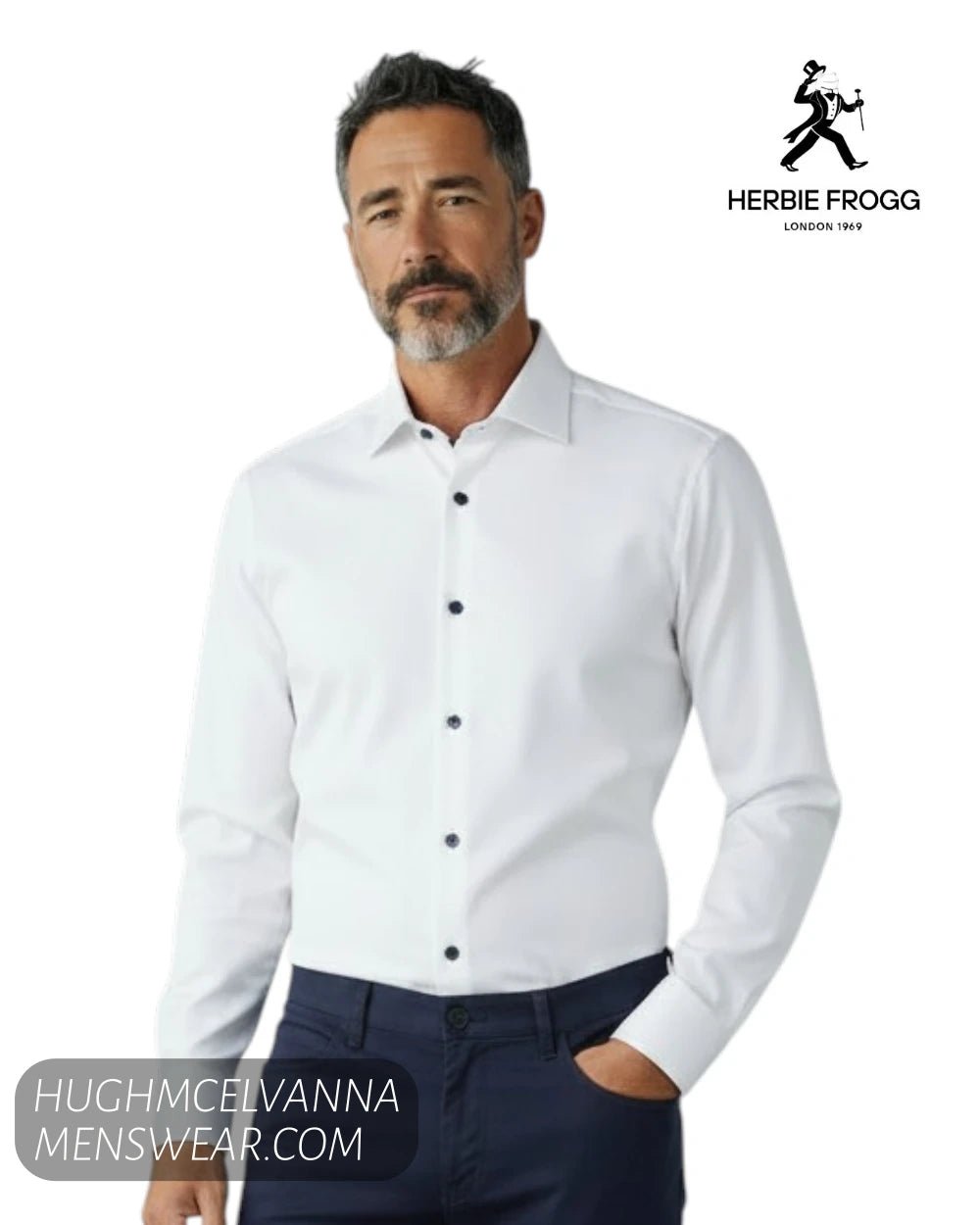 Herbie Frogg 52161 White Cover Shirt with Navy Trim - Hugh McElvanna Menswear - Shirt