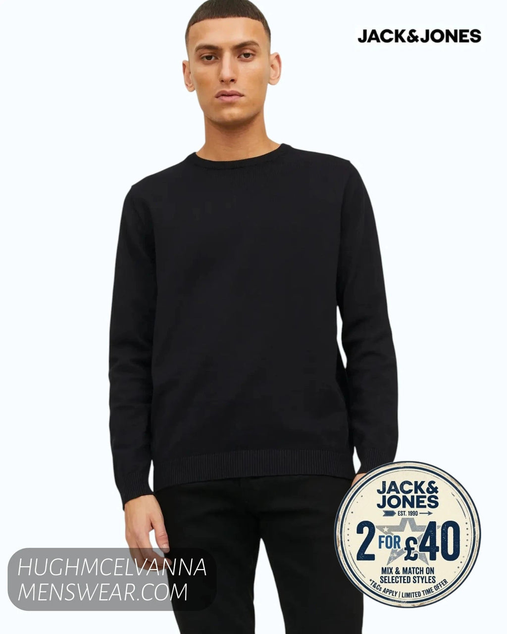 Jack & Jones Basic Crew Neck Knit Jumper – Black - Hugh McElvanna Menswear