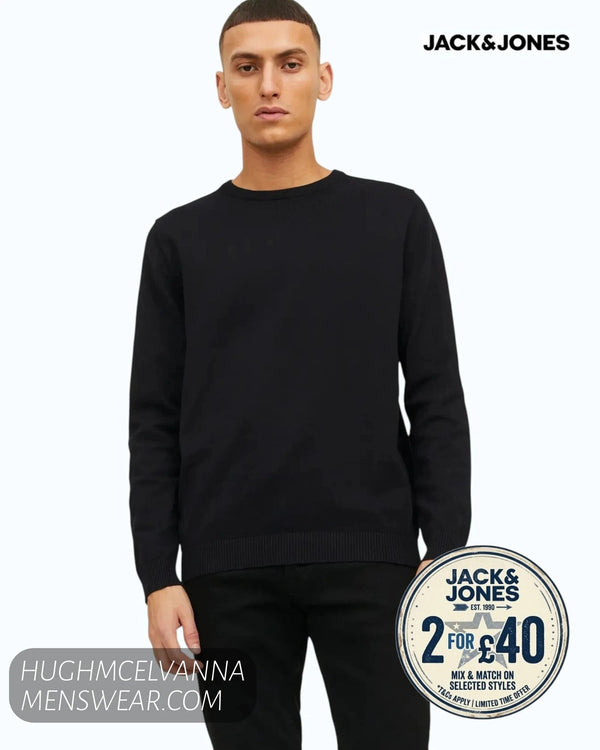 Jack & Jones Basic Crew Neck Knit Jumper – Black - Hugh McElvanna Menswear