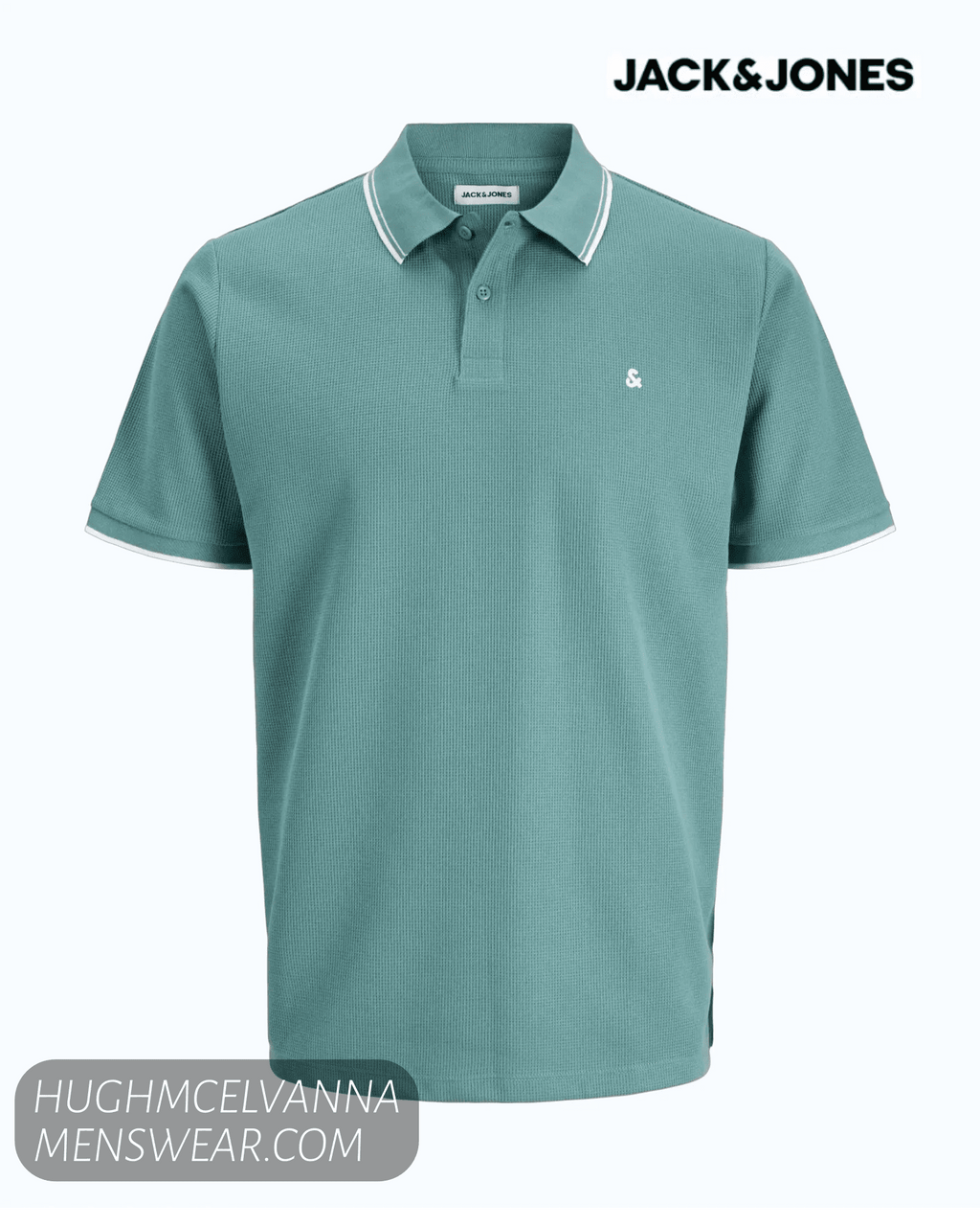 Jack & Jones JJEAUSTIN Short-Sleeve Polo Shirt - Mineral Blue Play - Hugh McElvanna Menswear