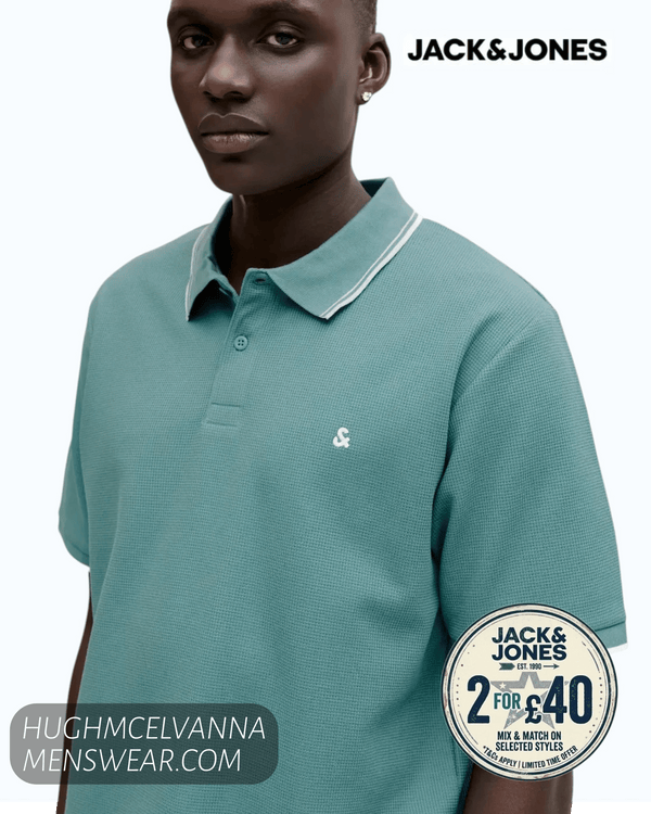Jack & Jones JJEAUSTIN Short-Sleeve Polo Shirt - Mineral Blue Play - Hugh McElvanna Menswear