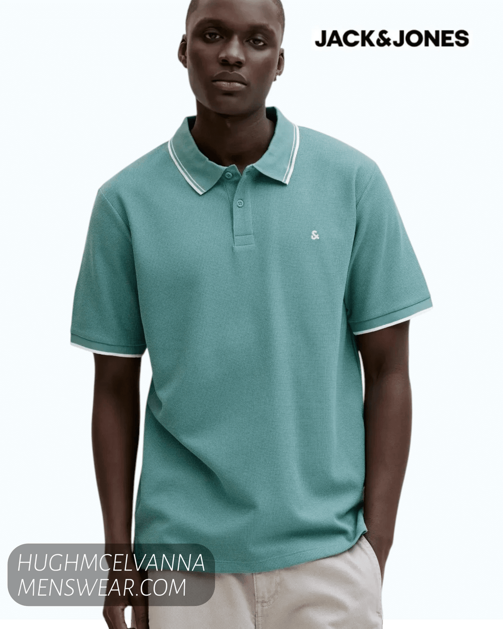 Jack & Jones JJEAUSTIN Short-Sleeve Polo Shirt - Mineral Blue Play - Hugh McElvanna Menswear