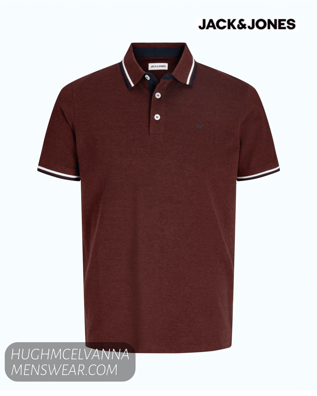 Close up of the premium organic piquet cotton fabric and button placket on a Jack and Jones polo shirt