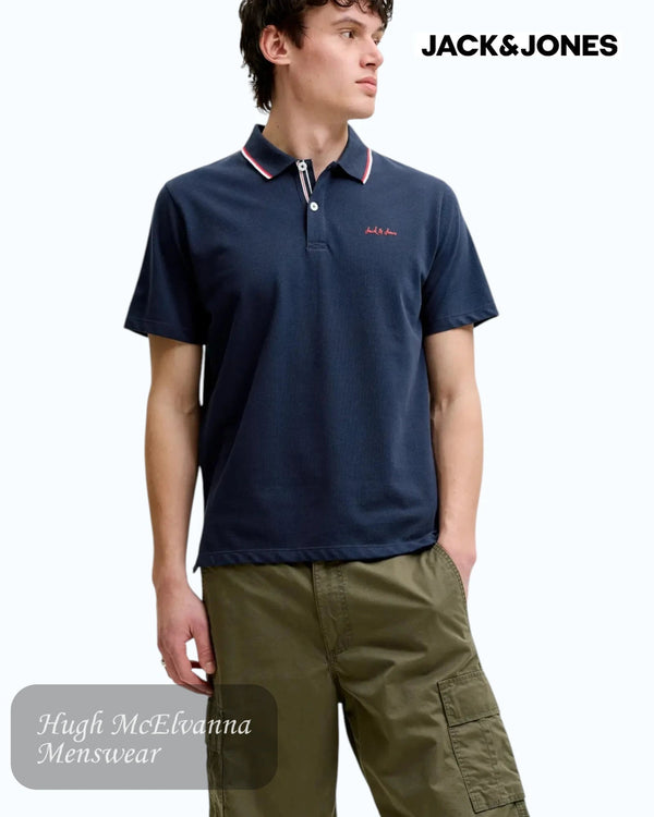 Jack & Jones Men's Navy Blazer Piqué Polo Shirt - Hugh McElvanna Menswear