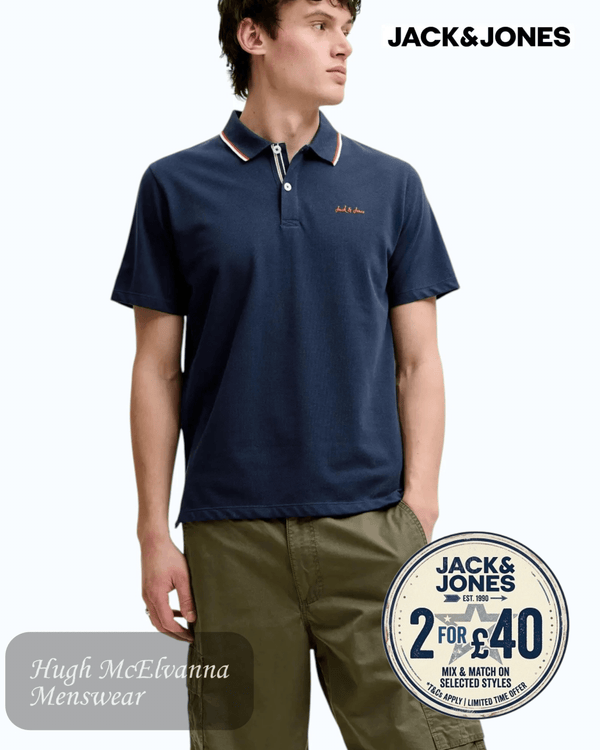Jack & Jones Men's Navy Blazer Piqué Polo Shirt - Hugh McElvanna Menswear