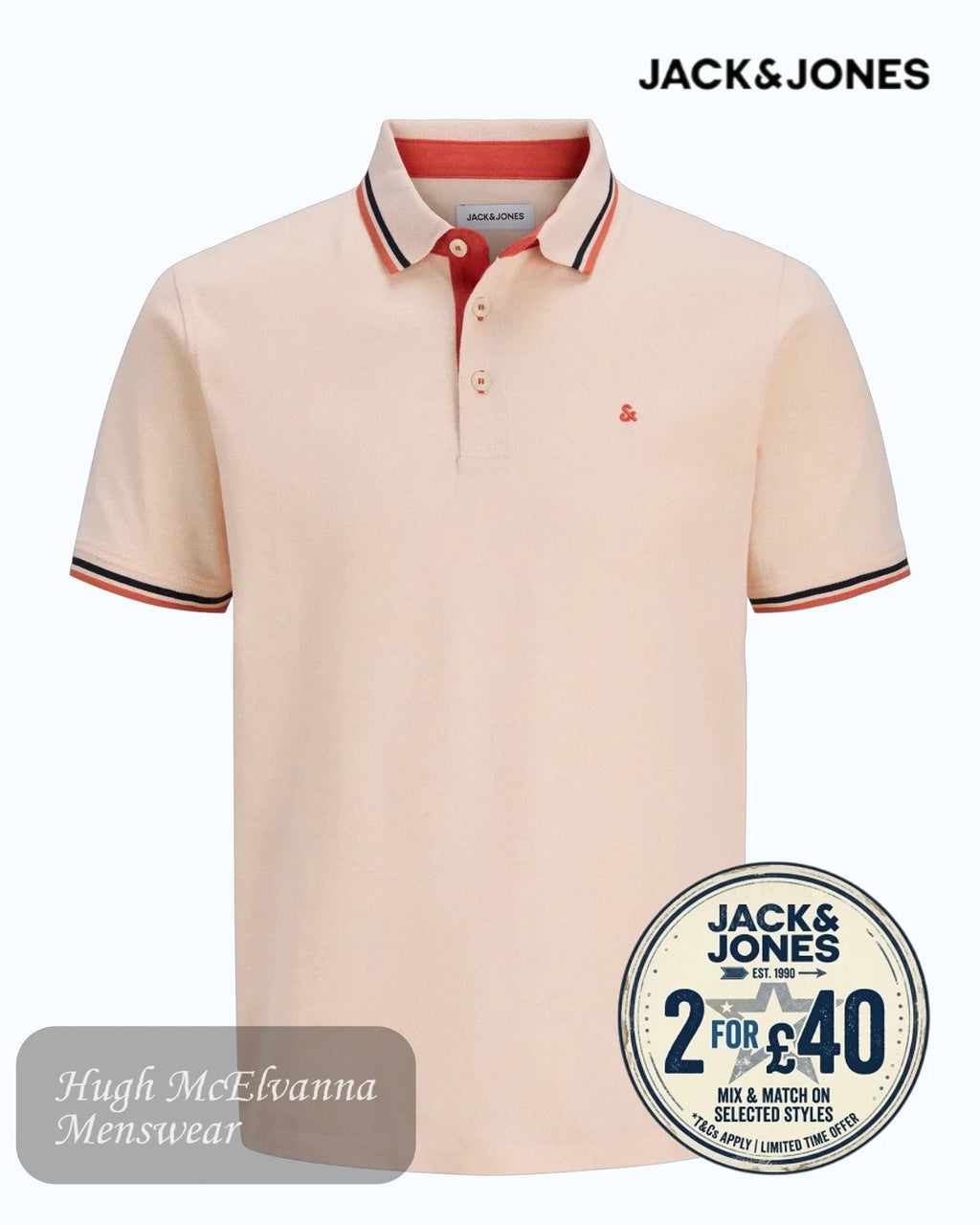 Jack & Jones Paulos Organic Cotton Polo | Beach Sand & Sunset Orange - Hugh McElvanna Menswear
