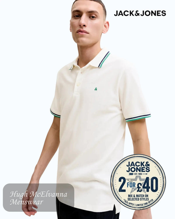 Jack & Jones Paulos Organic Cotton Polo | Cloud Dancer & Verdant Green - Hugh McElvanna Menswear