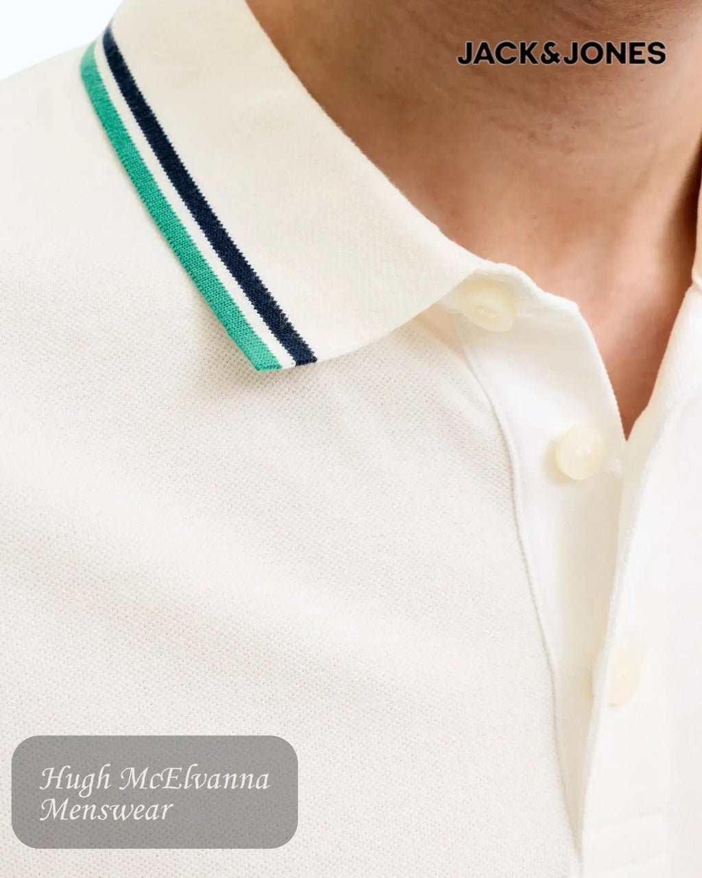 Jack & Jones Paulos Organic Cotton Polo | Cloud Dancer & Verdant Green - Hugh McElvanna Menswear