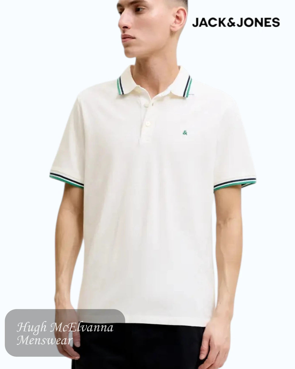Jack & Jones Paulos Organic Cotton Polo | Cloud Dancer & Verdant Green - Hugh McElvanna Menswear