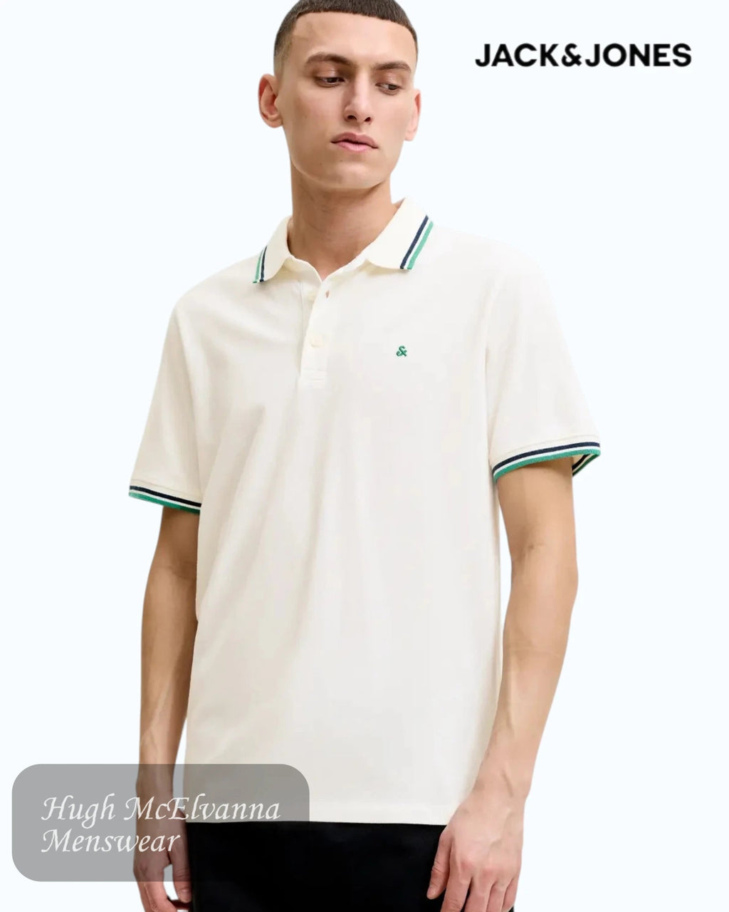 Jack & Jones Paulos Organic Cotton Polo | Cloud Dancer & Verdant Green - Hugh McElvanna Menswear