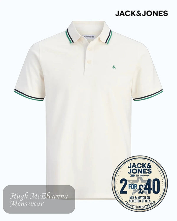 Jack & Jones Paulos Organic Cotton Polo | Cloud Dancer & Verdant Green - Hugh McElvanna Menswear