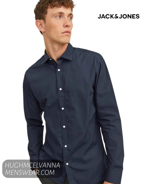 Jack & Jones Slim Fit Navy Poplin Dress Shirt - Hugh McElvanna Menswear